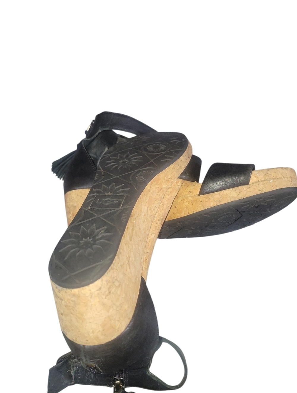 UGG Zoe Black Leather Cork Wedge Sandals with Tassel Ankle Strap Back Zipper Sz7 - Picture 7 of 7